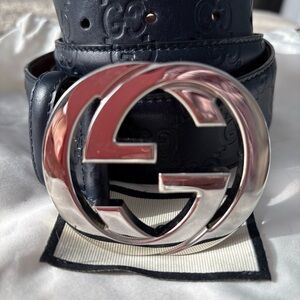 Gucci Dark Blue Logo Leather Belt with  Silver Buckle and dust bag Size 95/38